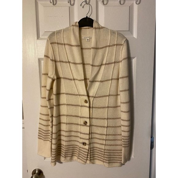 Banana Republic Cardigan Sweater Cream Brown M Medium Stripe Wool Cashmere Touch - Picture 8 of 8